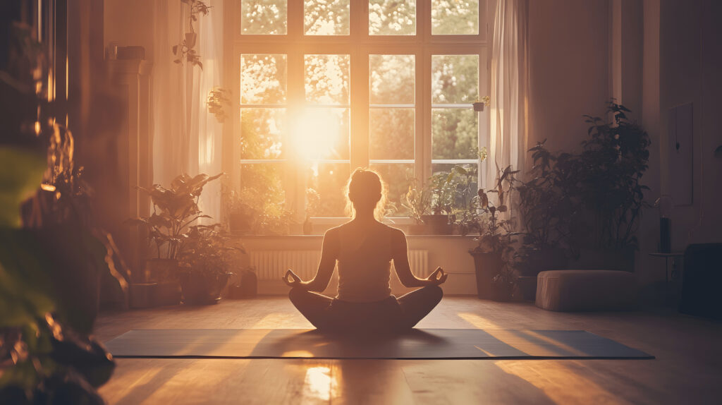 serene room with yoga mat and person practicing guided meditation with soft light